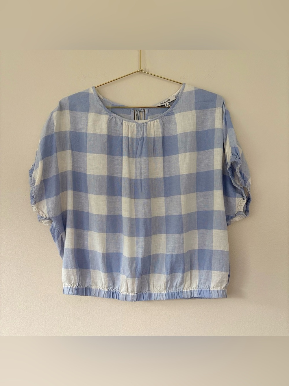 Madewell Blue White Gingham Puff Sleeve Tie Back Linen Blend Top M - Picture 3 of 5
